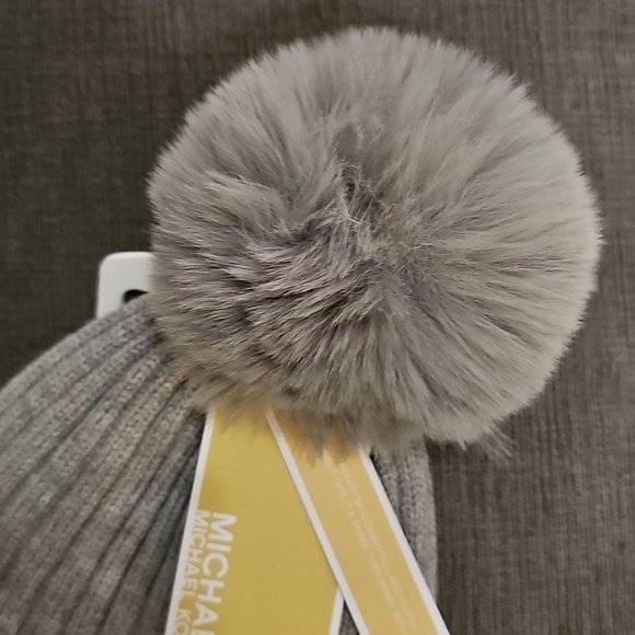 Michael Kors Cable Knit Fleece Lined Cuffed Pom Pom Winter Gray Beanie hat MK main image 6